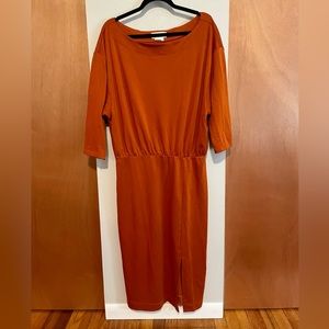 Anthropologie orange wide-neck 3/4 length sleeve dress with slit; size large